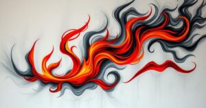 Rappresentazione astratta di incendi in Sardegna, con toni grigi e rossi, arte contemporanea.