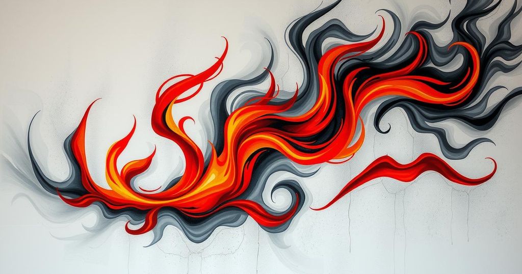 Rappresentazione astratta di incendi in Sardegna, con toni grigi e rossi, arte contemporanea.