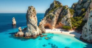 Cala Goloritzé, a stunning beach in Sardinia, featuring crystal-clear waters and limestone cliffs under a bright blue sky.