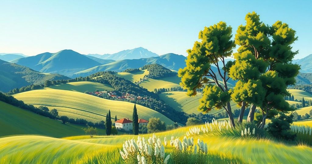 Uno sguardo sulla natura di Sardegna, paesaggio verdeggiante con colline e alberi, cielo azzurro.