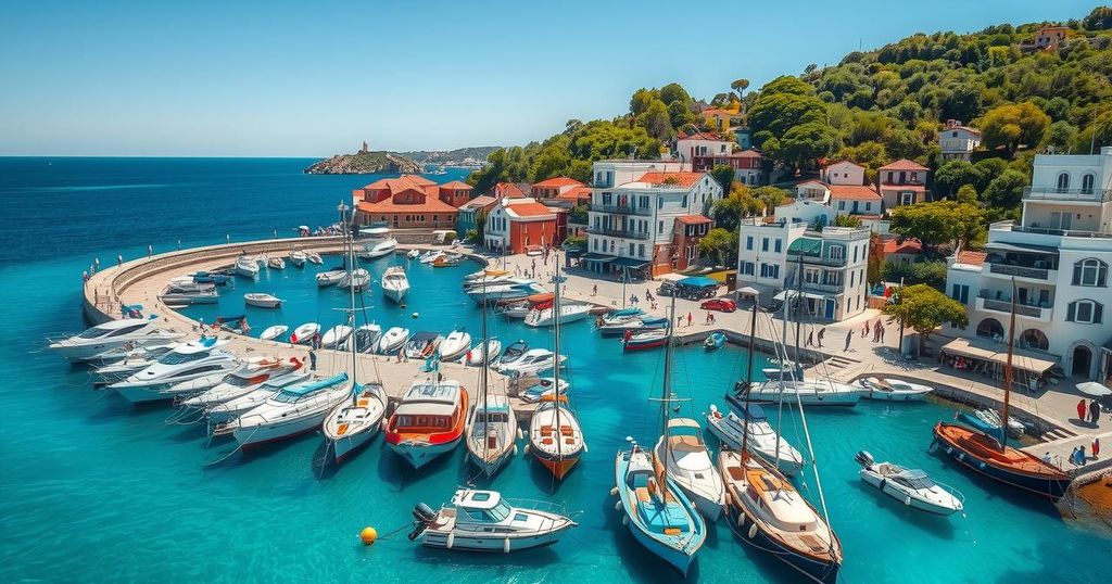 Port of Stintino showcasing boats and marine life, vibrant colors, reflecting the blue economy theme in an artistic style.