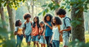 Ragazzi che esplorano la natura insieme, simbolo di connessione e apprendimento inclusivo.