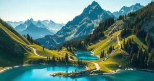 Un paesaggio montano con sentieri panoramici, laghi e foreste, ispirato a viaggi avventurosi.