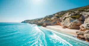 Spiaggia di Sardegna con sabbia bianca e acque turchesi, simbolo di bellezza naturale protetta da leggi.