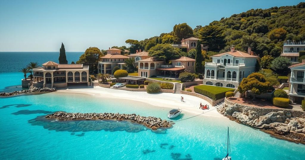 Costa Smeralda, Sardinia: luxury homes, sapphire waters, Mediterranean charm in a tranquil coastal setting.