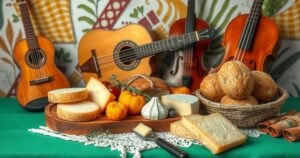 Striking scene of traditional Sardinian food and musical elements representing cultural events in Copenhagen.