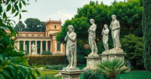 Paesaggio di Sardegna con natura rigogliosa, statue storiche e artigianato locale, in stile impressionista.