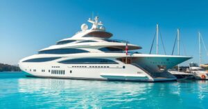 Yacht Yas moored at Molo Ichnusa in Cagliari, showcasing luxury and elegance under a bright sky.