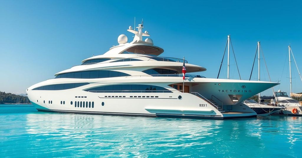 Yacht Yas moored at Molo Ichnusa in Cagliari, showcasing luxury and elegance under a bright sky.