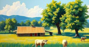 Mucche in un'azienda agricola a Sardegna, paesaggio sereno con alberi verdi e cielo blu. Stile impressionista.