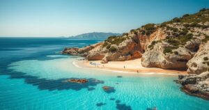 Paesaggio sereno di Sardegna con spiaggia dorata e acque cristalline, paesaggi naturali incontaminati.