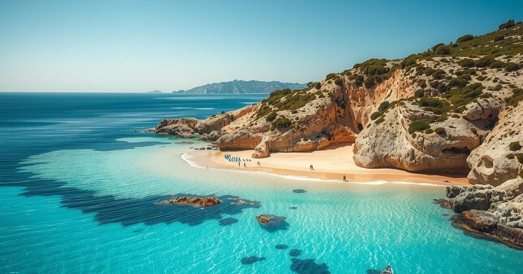 Paesaggio sereno di Sardegna con spiaggia dorata e acque cristalline, paesaggi naturali incontaminati.