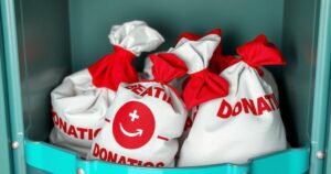 Raccolta di sangue in Sardegna, con sacche di sangue in un trasparente contenitore, simbolo di donazione.