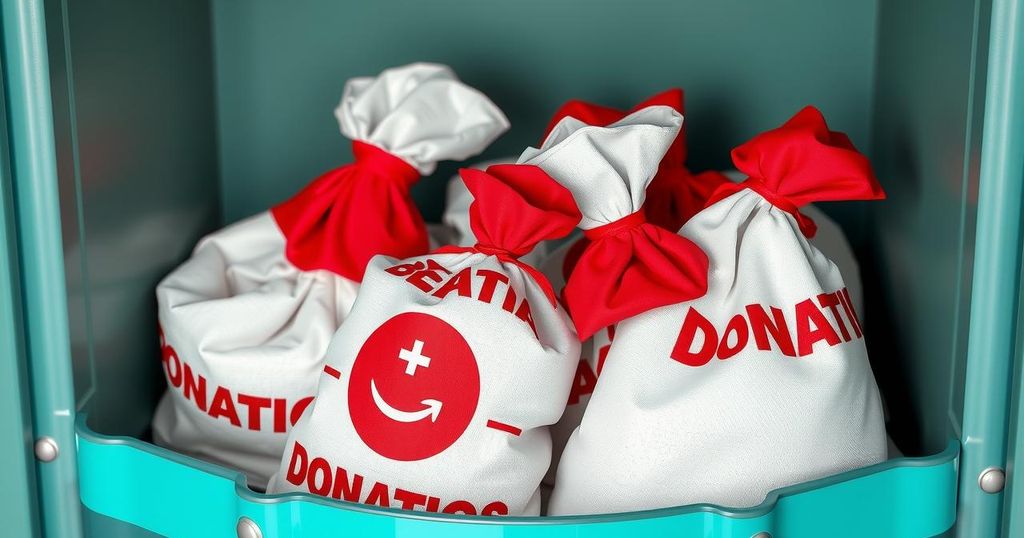 Raccolta di sangue in Sardegna, con sacche di sangue in un trasparente contenitore, simbolo di donazione.