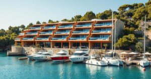 Hotel di lusso a Poltu Quatu in Sardegna, con colori pastello e elementi in legno e pietra.