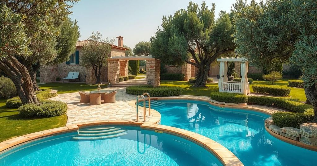 Un tranquillo santuario in Sardegna, con percorsi di pietra, ulivi e piscine termali. Atmosfera di rilassamento naturale.