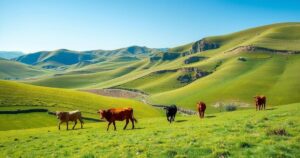 Paesaggio di campagna in Sardegna con bovini al pascolo, cielo sereno e verdi colline.