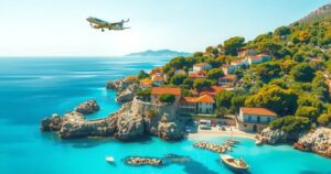 A scenic view of Alghero's coastline with a distant airplane flying, capturing the essence of travel between Alghero and Florence.