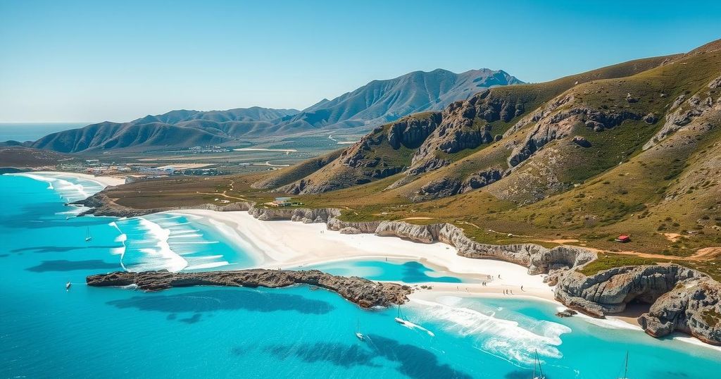 Paesaggio mozzafiato della Sardegna con spiagge di sabbia bianca e colline verdi sotto un cielo blu.