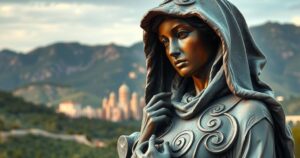 Statua di bronzo che rappresenta una figura femminile misteriosa, situata in un contesto naturale sardo.