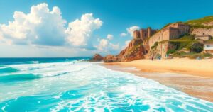 Scenic view of San Teodoro beach with golden sand, turquoise water, and bright blue skies, evoking a serene atmosphere.