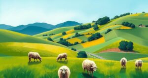 Sheep grazing in a verdant field in Sardinia, surrounded by rolling hills and clear blue skies, depicting rural tranquility.
