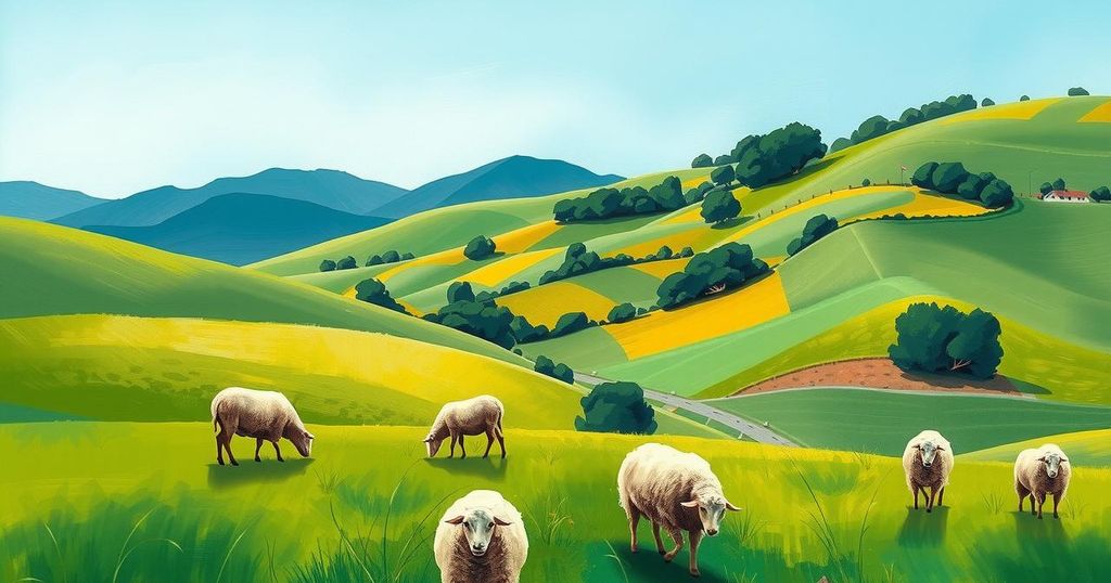 Sheep grazing in a verdant field in Sardinia, surrounded by rolling hills and clear blue skies, depicting rural tranquility.