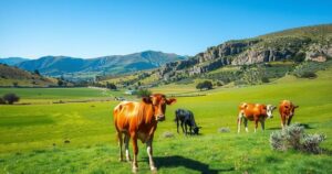 Paesaggio di campagna sarda con mucche al pascolo in un campo verde, sotto un cielo sereno e blu.