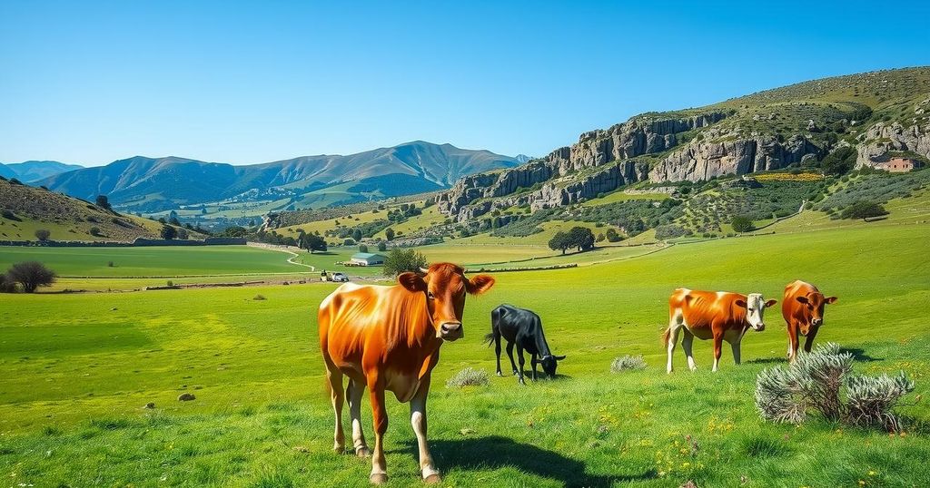 Paesaggio di campagna sarda con mucche al pascolo in un campo verde, sotto un cielo sereno e blu.
