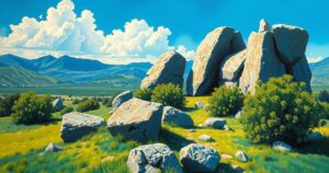 Marcia dei Sassi Parlanti a Su Nuraxi, paesaggio naturale sardo con pietre e cielo blu.