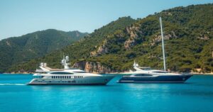 Una vista panoramica di superyacht che navigano nelle acque di Gallura, circondata da colline e vegetazione verde.