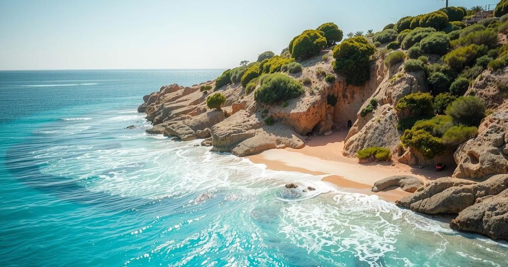 Spiaggia di sabbia dorata circondata da acque turchesi e vegetazione mediterranea in Sardegna.