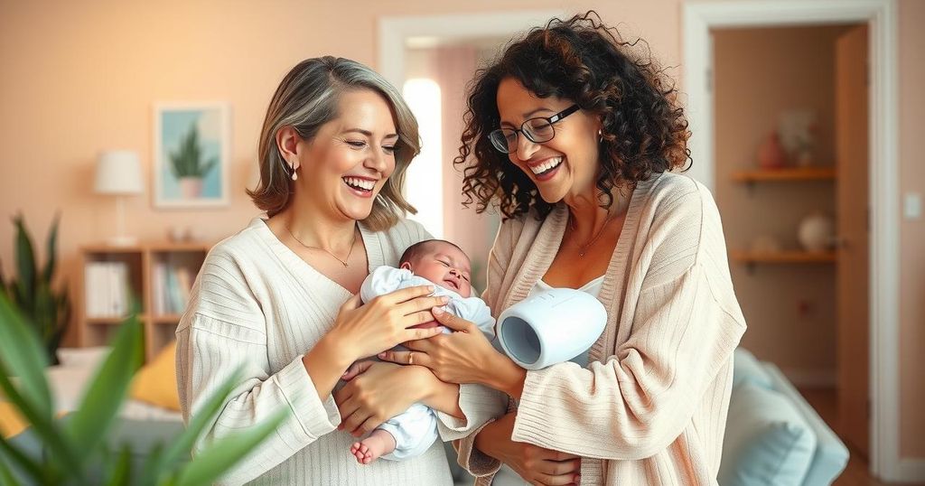 Una coppia di madri felici con un neonato circondate da un'atmosfera festiva e colorata.