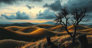 A poetic Sardinian landscape reflecting conflict and identity with earthy colors and dynamic textures.
