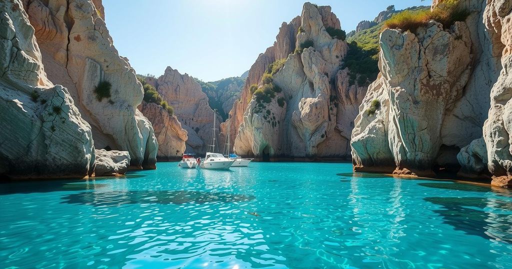 Cala Goloritzè in Sardegna, con turchese profondo e scogliere a picco, riflessi di luce e atmosfera selvaggia.
