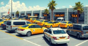 Taxis at a busy airport terminal in Gallura, highlighting transport issues and illegal activities in summer.