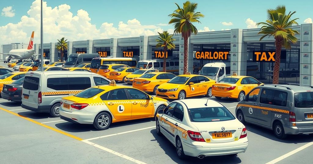 Taxis at a busy airport terminal in Gallura, highlighting transport issues and illegal activities in summer.