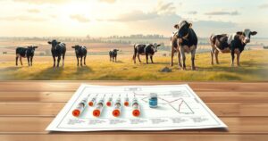 Vaccine distribution plan for cattle with a pastoral landscape, highlighting veterinary health actions in agriculture.