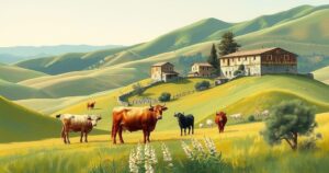 Rappresentazione artistica di un allevamento di bovini in un paesaggio rurale sardo, con colori naturali e tonalità verdi.