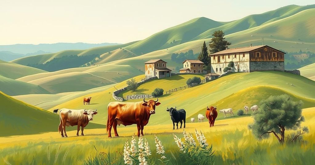 Rappresentazione artistica di un allevamento di bovini in un paesaggio rurale sardo, con colori naturali e tonalità verdi.