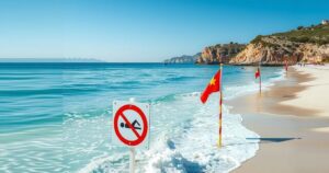 Spiagge in Sardegna con divieti di balneazione e severe condizioni marine.
