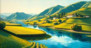Sardinia's rural landscape highlighting agriculture and fisheries with vibrant fields and water elements.